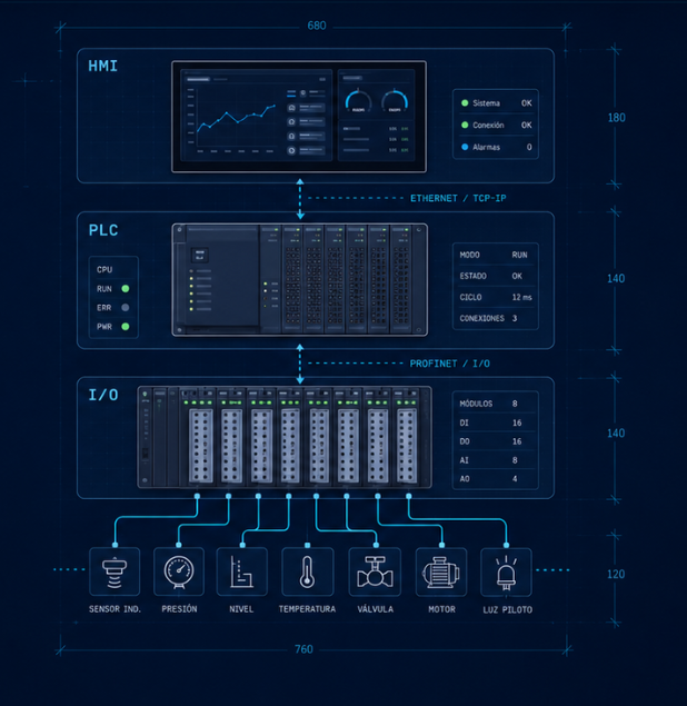 Arquitectura de automatización con HMI, PLC, módulos de entradas y salidas y elementos de campo